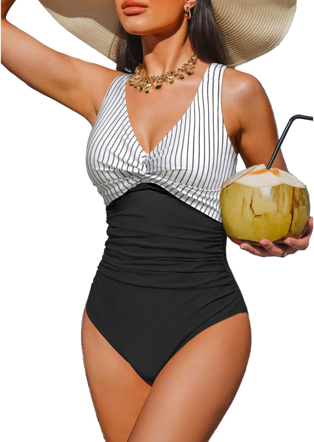 Women's Tummy Control One Piece Swimsuit - V-Neck Twist Front, Removable Pads and Full Coverage for Pool Days - Small (1
