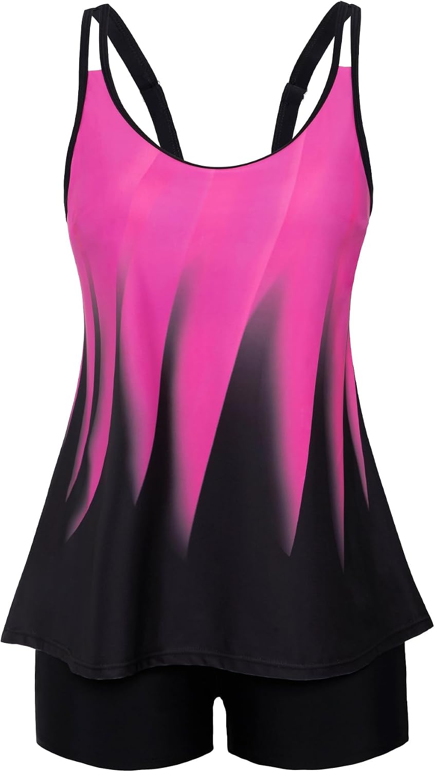 Women's Flowy Tankini Set - Scoop Neck Top with Removable Pads and High Waisted Bottoms for Modest Swims - Small