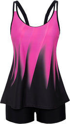 Women's Flowy Tankini Set - Scoop Neck Top with Removable Pads and High Waisted Bottoms for Modest Swims - Small