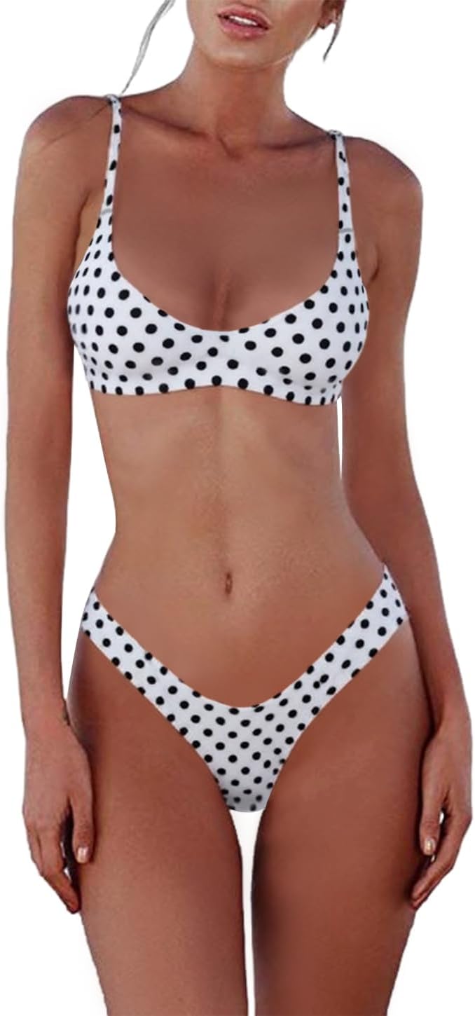 Women's Scoop Neck Bikini Set - Push Up Padded Top with Brazilian Thong Bottoms in Solids and Prints - Blue Flower