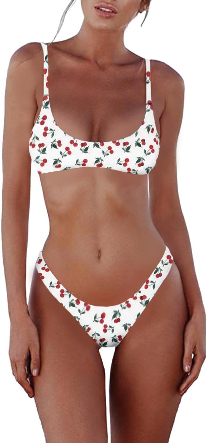 Women's Scoop Neck Bikini Set - Push Up Padded Top with Brazilian Thong Bottoms in Solids and Prints - Blue (21)