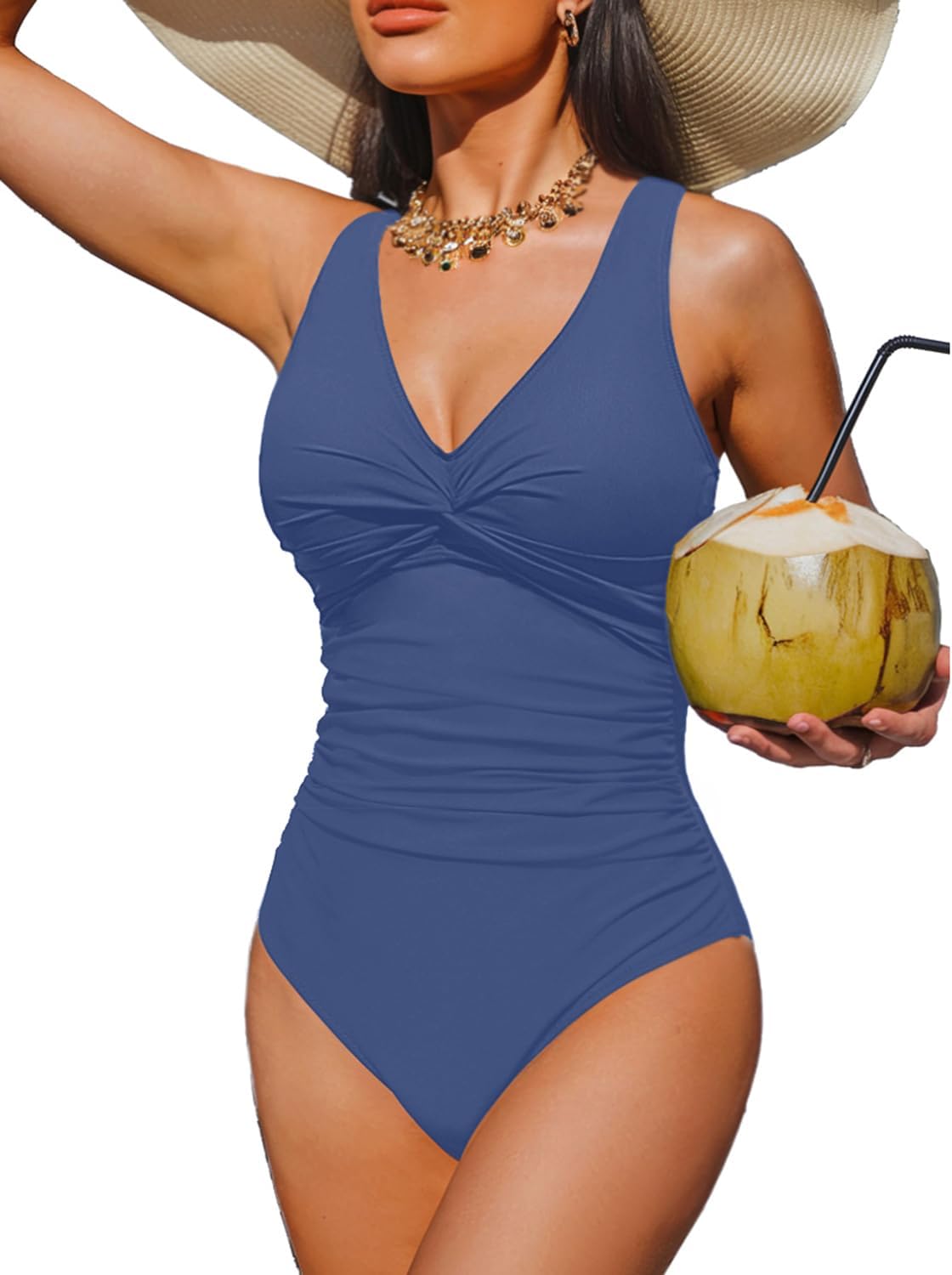 Women's Tummy Control One Piece Swimsuit - V-Neck Twist Front, Removable Pads and Full Coverage for Pool Days - Large