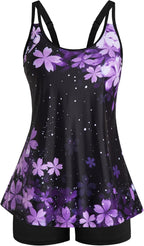 Women's Flowy Tankini Set - Scoop Neck Top with Removable Pads and High Waisted Bottoms for Modest Swims - Medium