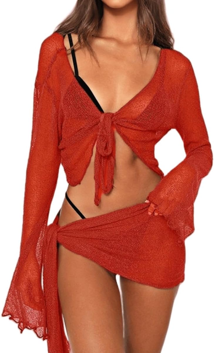 Women's Mesh Beach Cover-Up Set - Sheer Long Sleeve Crop Top with Matching Mini Skirt for Pool Parties - Small
