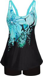 Women's Flowy Tankini Set - Scoop Neck Top with Removable Pads and High Waisted Bottoms for Modest Swims - Small