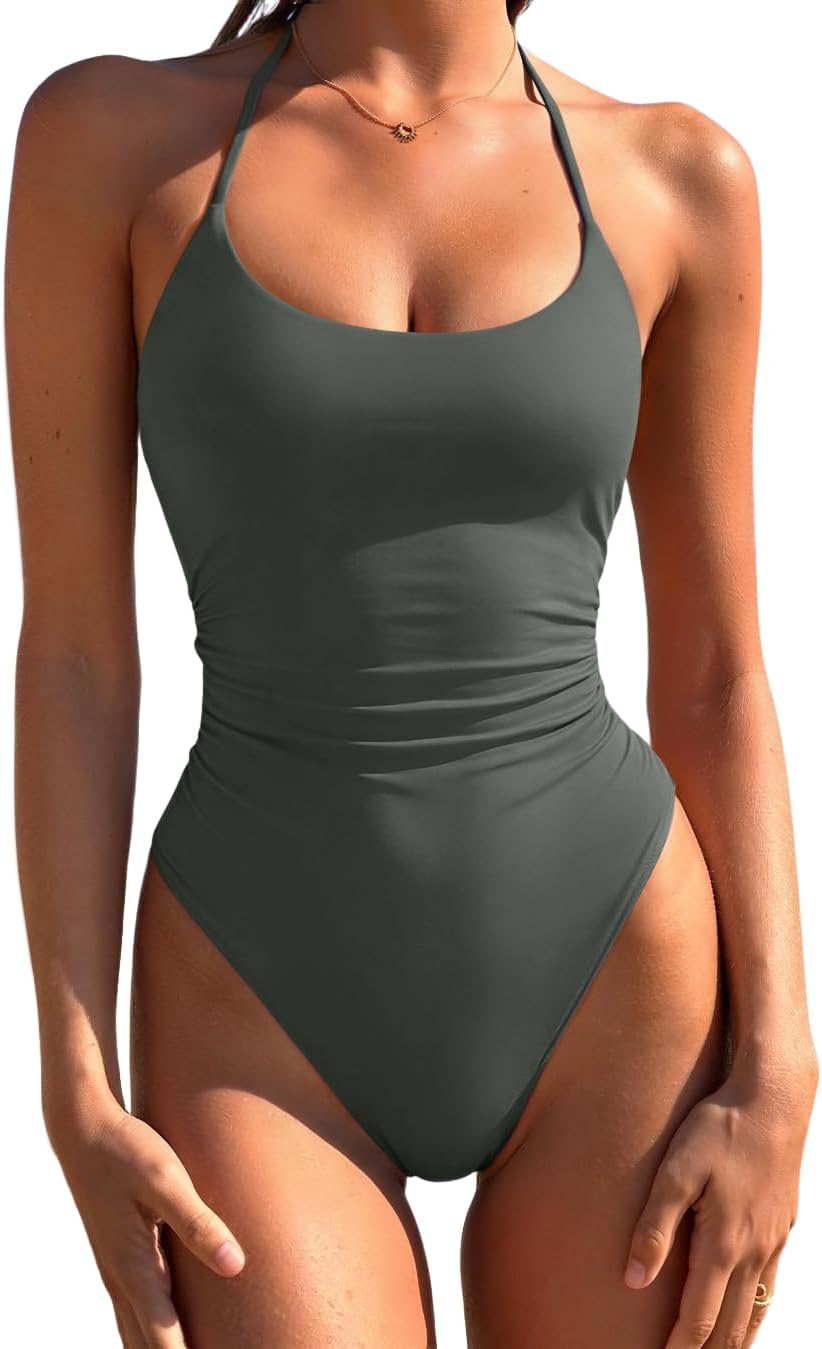 Women's Halter One Piece Swimsuit - Ruched Tummy Control with High Cut Legs and Open Back for Beach Days - Small