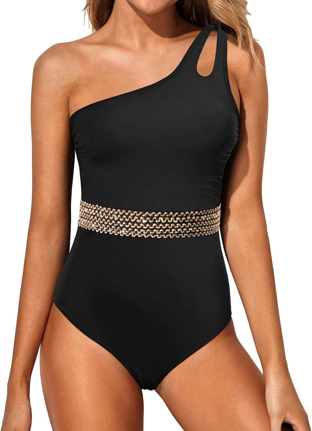 Women's One Shoulder One Piece Swimsuit - Keyhole Front, Ruched Tummy Control and Removable Soft Cups - Blue Tie Dye