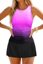 Women's High Neck Tankini with Skirt - Ruched Tummy Control Top, Removable Pads and Built-In Brief - Small (14)