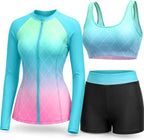 Women's 3 Piece Rash Guard Set - UPF 50+ Long Sleeve Swim Shirt, Built-In Bra Top and Mid Rise Bottoms - Medium