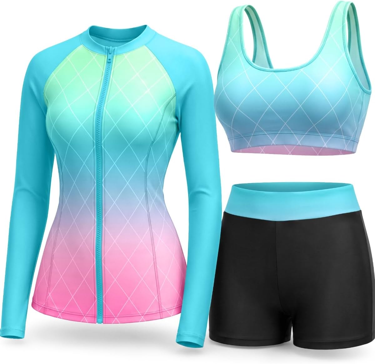 Women's 3 Piece Rash Guard Set - UPF 50+ Long Sleeve Swim Shirt, Built-In Bra Top and Mid Rise Bottoms - Medium