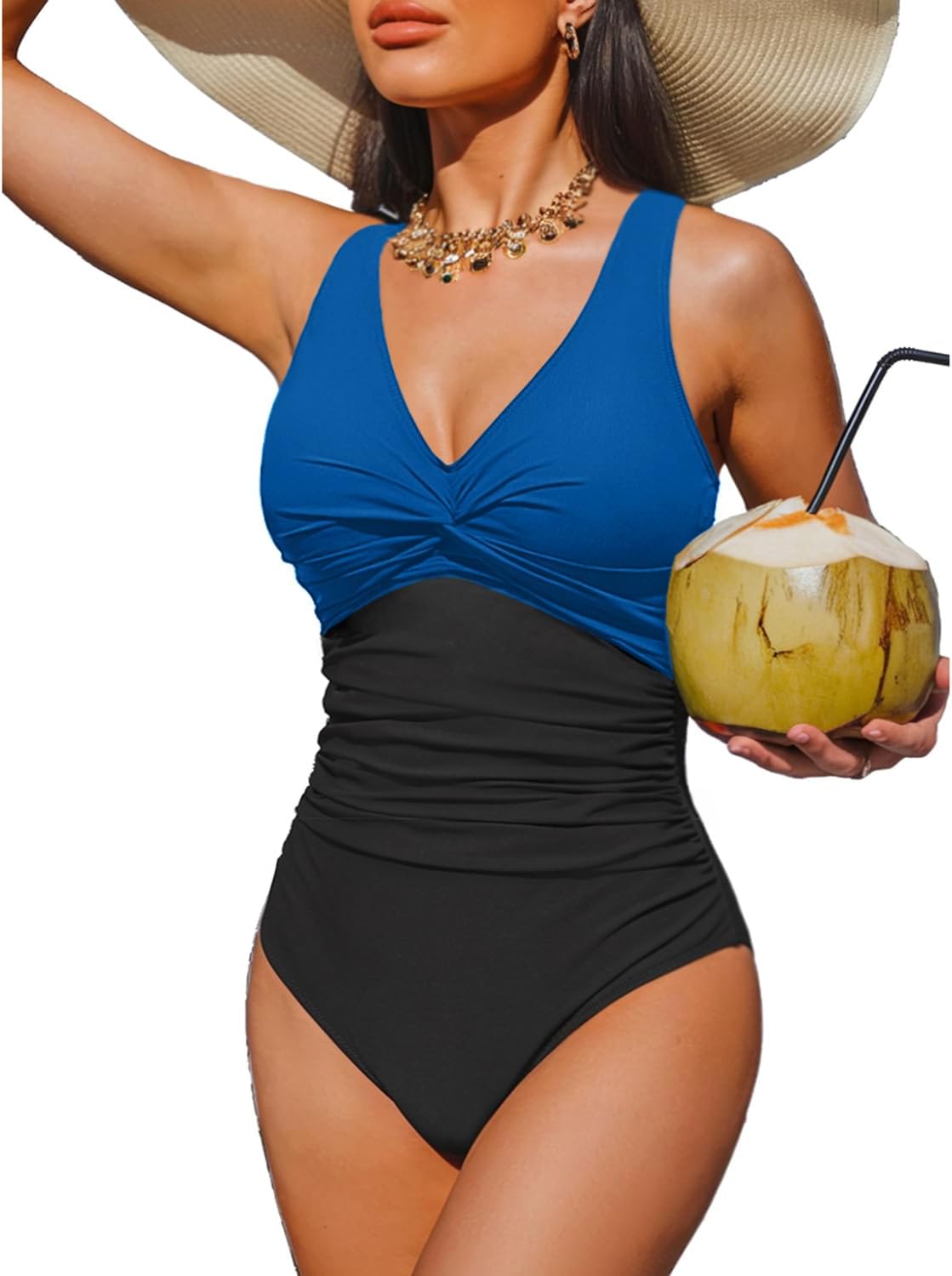 Women's Tummy Control One Piece Swimsuit - V-Neck Twist Front, Removable Pads and Full Coverage for Pool Days - Large