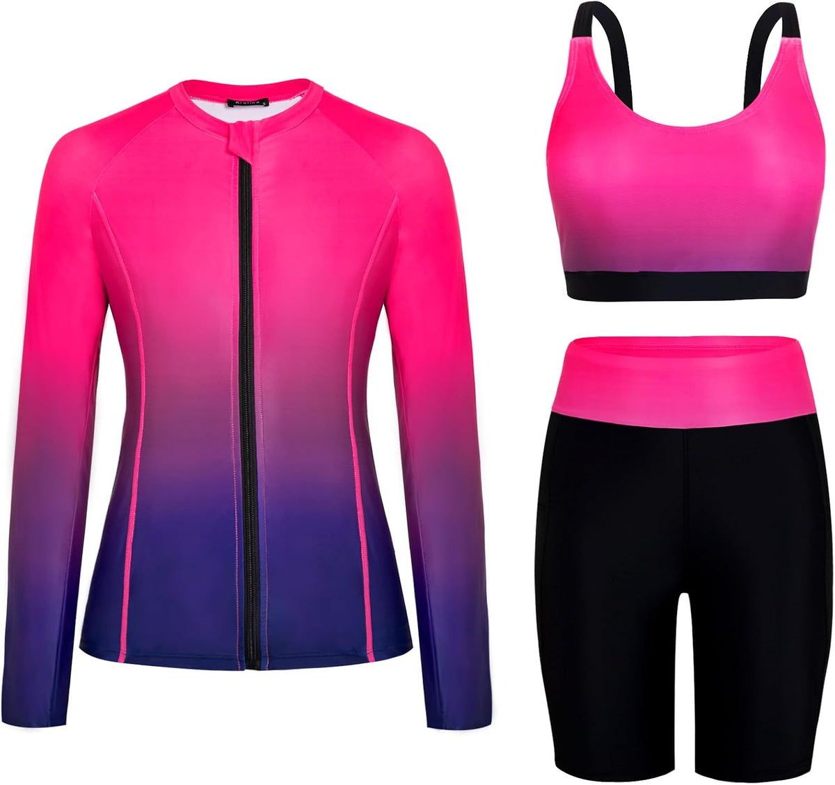 Women's Long Sleeve Rash Guard Set - Swim Shirt with Matching Shorts and Two Pockets for Beach and Pool - Black