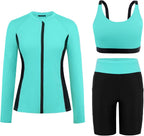 Women's Long Sleeve Rash Guard Set - Swim Shirt with Matching Shorts and Two Pockets for Beach and Pool - Black Flowers