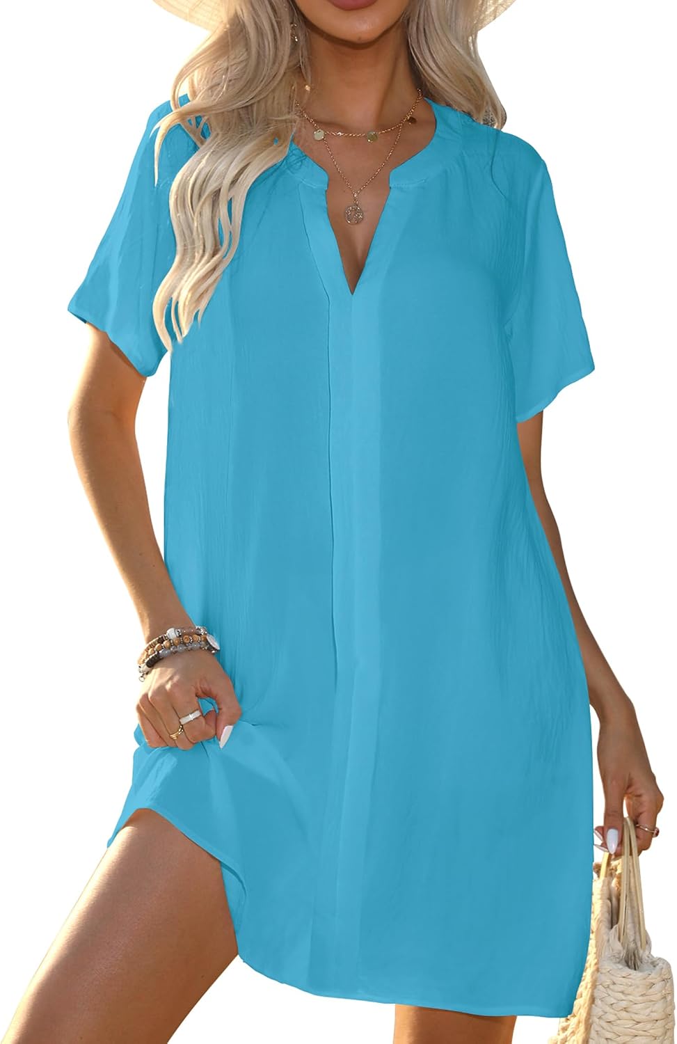 Women's Flowy V-Neck Beach Cover-Up - Short Sleeve, Lightweight and Breathable for Resort and Vacation Wear - Small