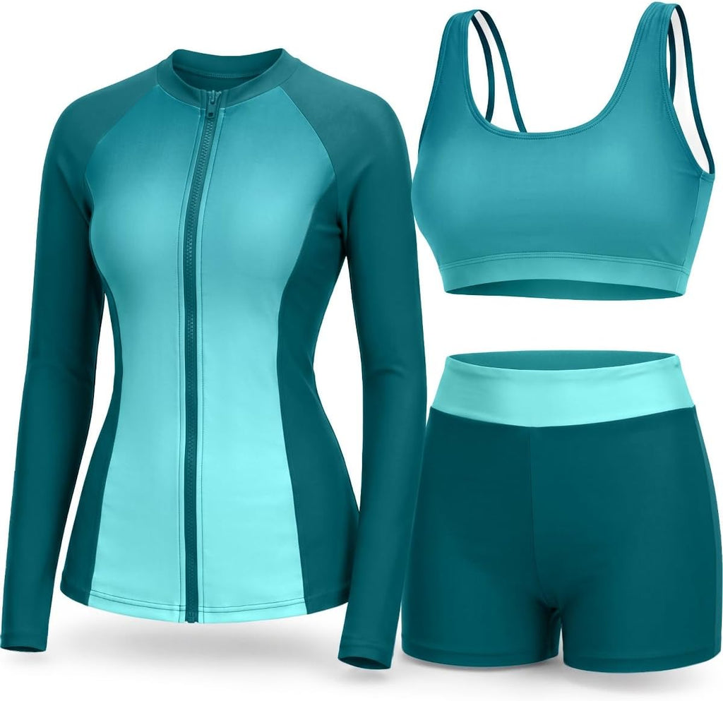 Women's 3 Piece Rash Guard Set - UPF 50+ Long Sleeve Swim Shirt, Built-In Bra Top and Mid Rise Bottoms - XX-Small