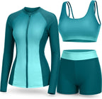 Women's 3 Piece Rash Guard Set - UPF 50+ Long Sleeve Swim Shirt, Built-In Bra Top and Mid Rise Bottoms - XX-Small