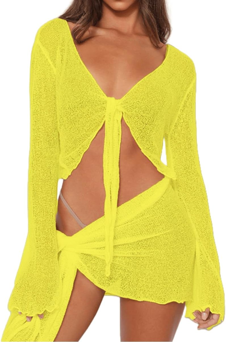 Women's Mesh Beach Cover-Up Set - Sheer Long Sleeve Crop Top with Matching Mini Skirt for Pool Parties - Small