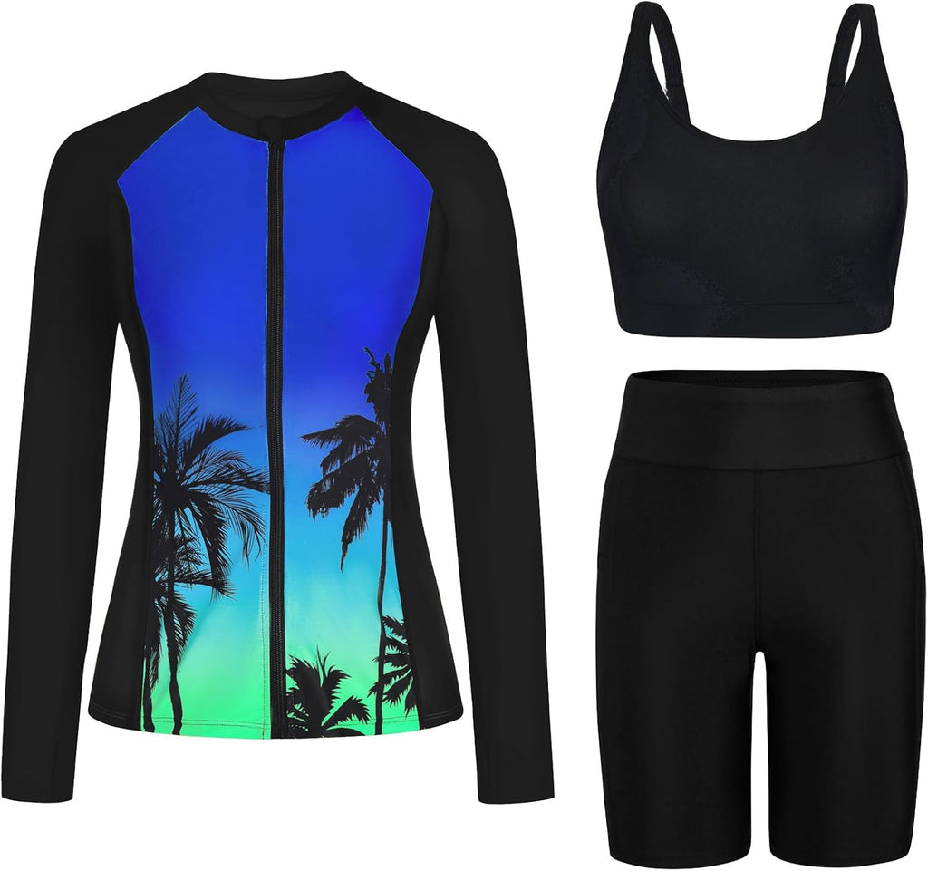 Women's Long Sleeve Rash Guard Set - Swim Shirt with Matching Shorts and Two Pockets for Beach and Pool - Green Paisley 