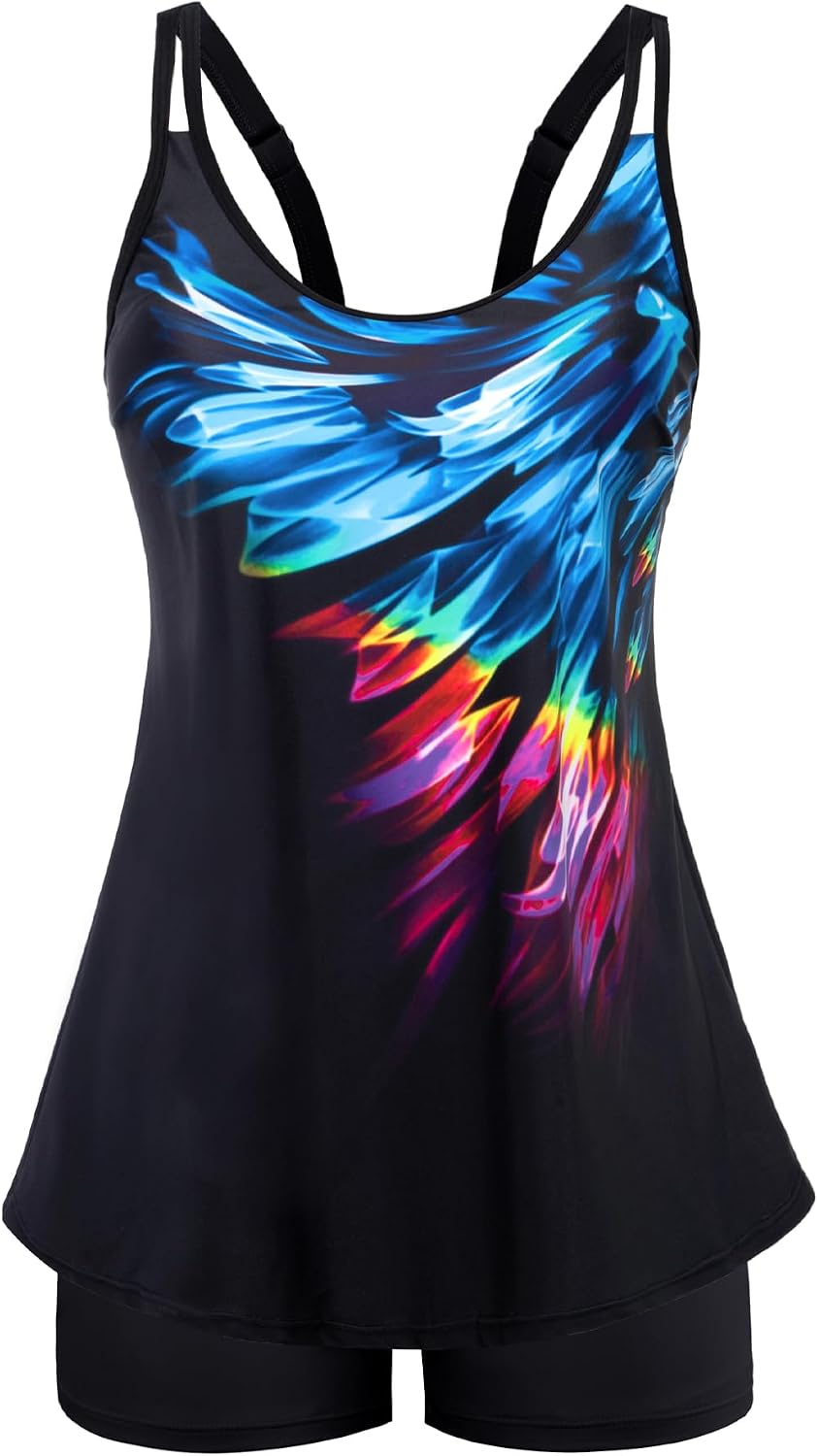 Women's Flowy Tankini Set - Scoop Neck Top with Removable Pads and High Waisted Bottoms for Modest Swims - Medium
