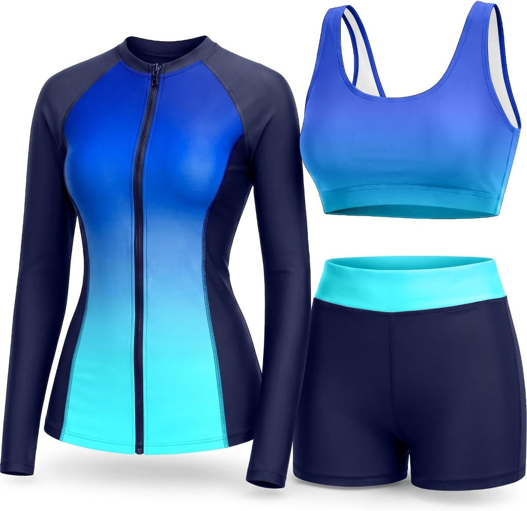 Women's 3 Piece Rash Guard Set - UPF 50+ Long Sleeve Swim Shirt, Built-In Bra Top and Mid Rise Bottoms - Medium