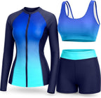 Women's 3 Piece Rash Guard Set - UPF 50+ Long Sleeve Swim Shirt, Built-In Bra Top and Mid Rise Bottoms - Medium