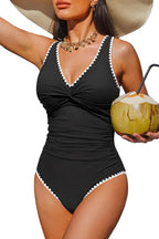 Women's Tummy Control One Piece Swimsuit - V-Neck Twist Front, Removable Pads and Full Coverage for Pool Days - Medium