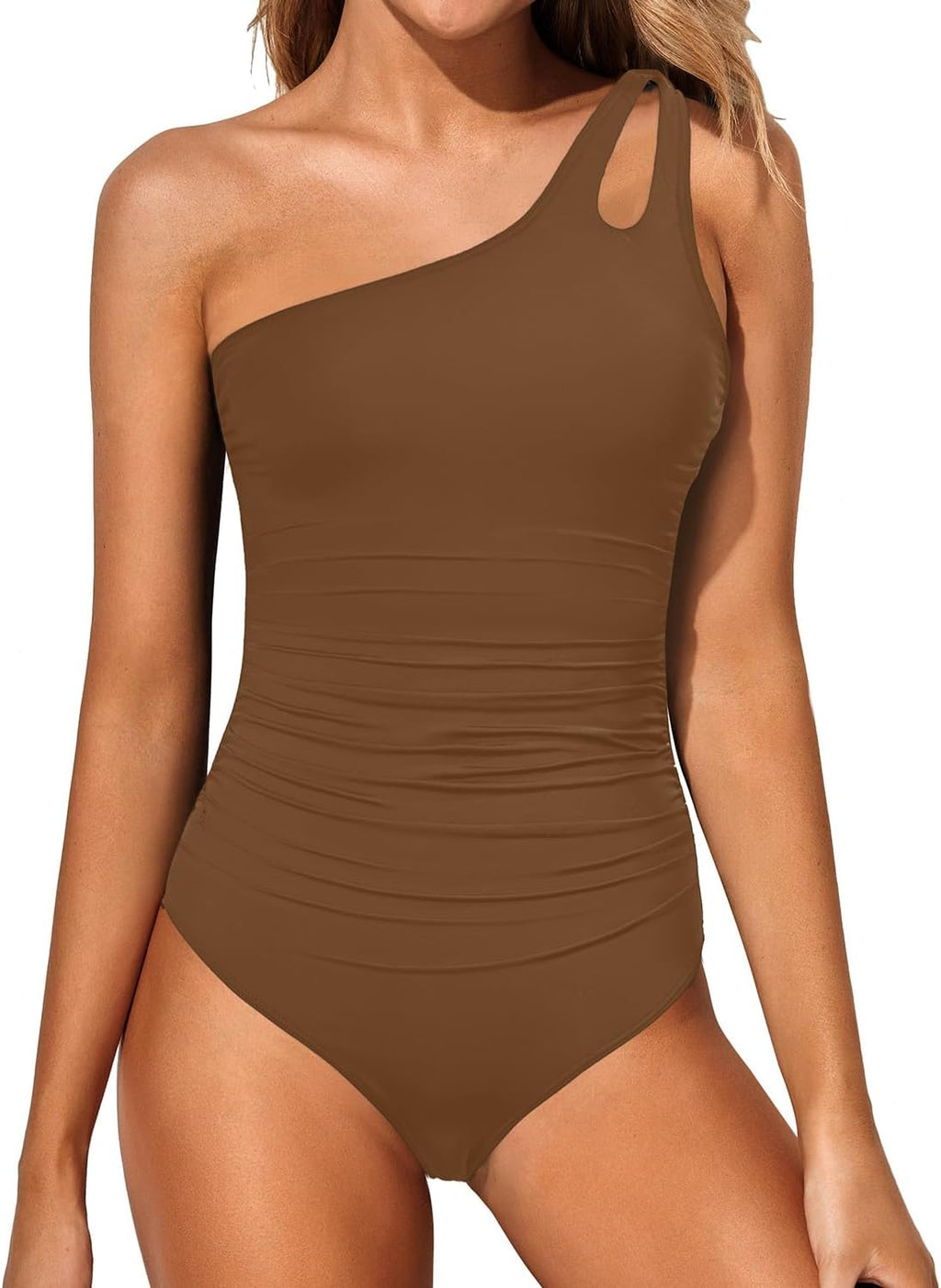 Women's One Shoulder One Piece Swimsuit - Keyhole Front, Ruched Tummy Control and Removable Soft Cups - Black