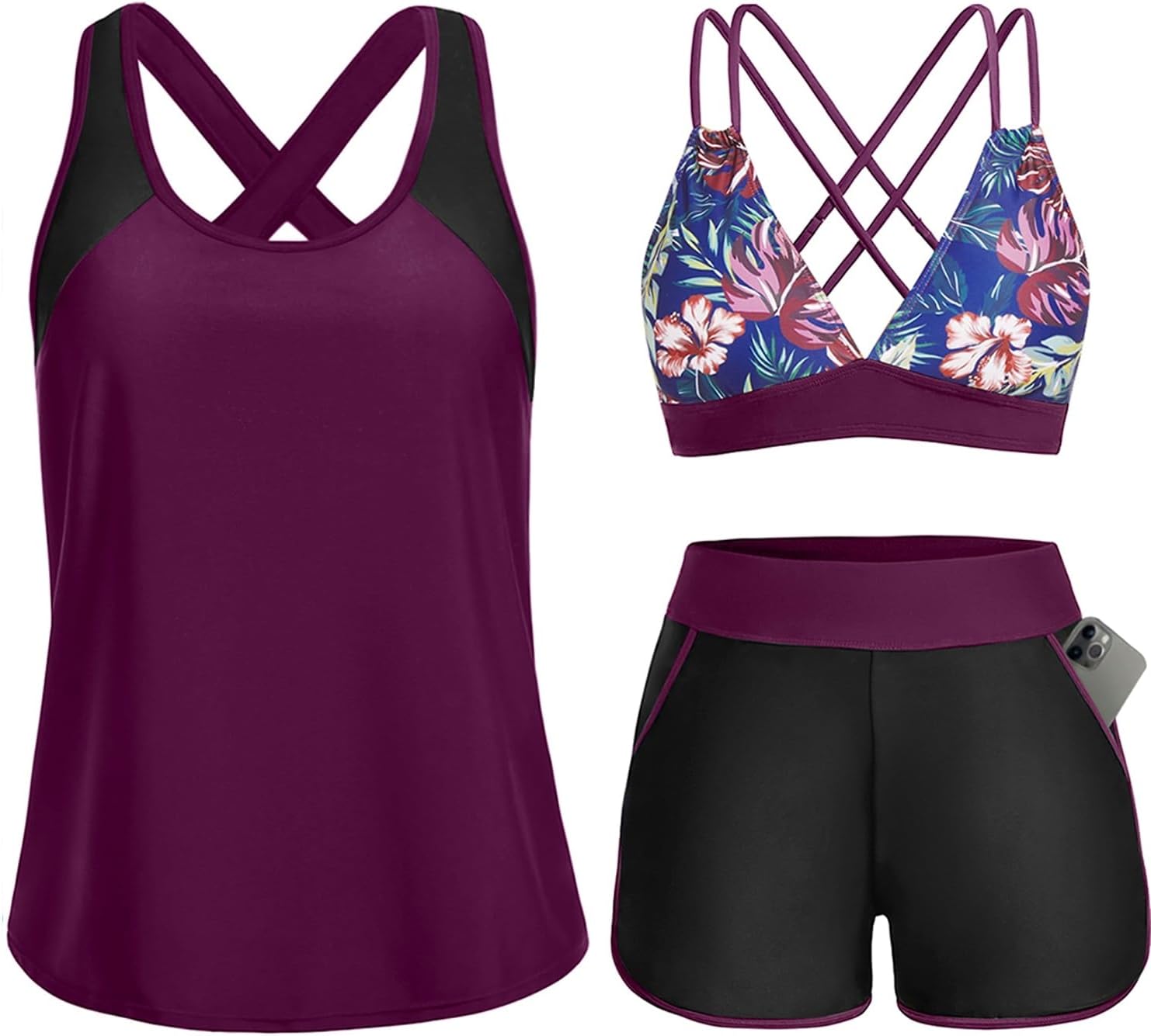 Women's 3 Piece Tankini Swimsuit - Tummy Control Top, High-Waist Boy Shorts and Built-In Brief for Swim Days - Small (18