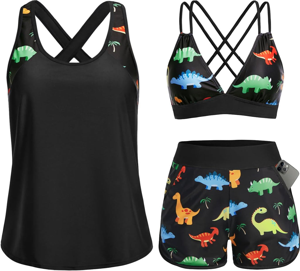 Women's 3 Piece Tankini Swimsuit - Tummy Control Top, High-Waist Boy Shorts and Built-In Brief for Swim Days - Small