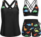 Women's 3 Piece Tankini Swimsuit - Tummy Control Top, High-Waist Boy Shorts and Built-In Brief for Swim Days - Small