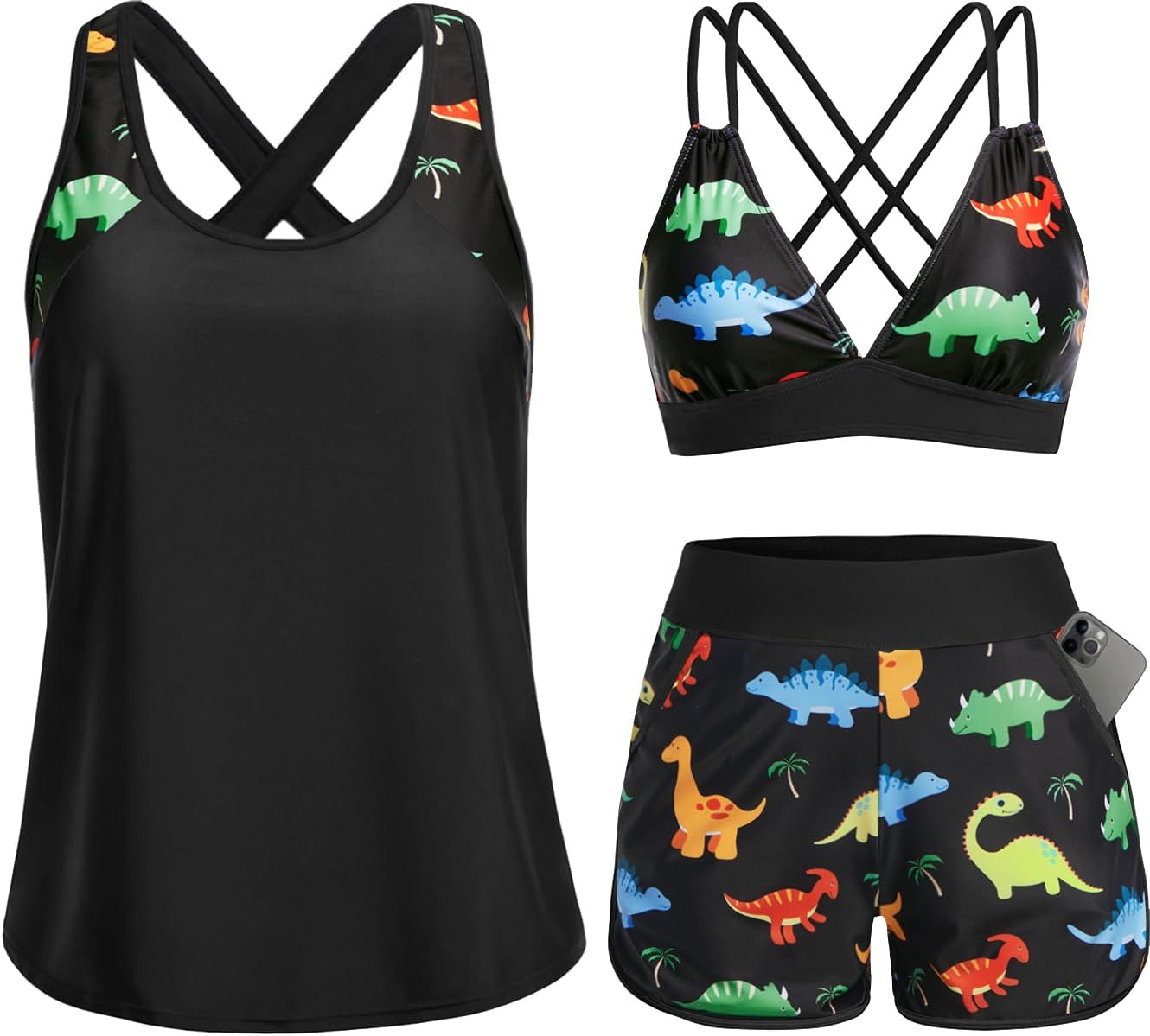 Women's 3 Piece Tankini Swimsuit - Tummy Control Top, High-Waist Boy Shorts and Built-In Brief for Swim Days - Small