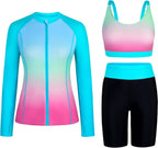 Women's Long Sleeve Rash Guard Set - Swim Shirt with Matching Shorts and Two Pockets for Beach and Pool - Black Flowers