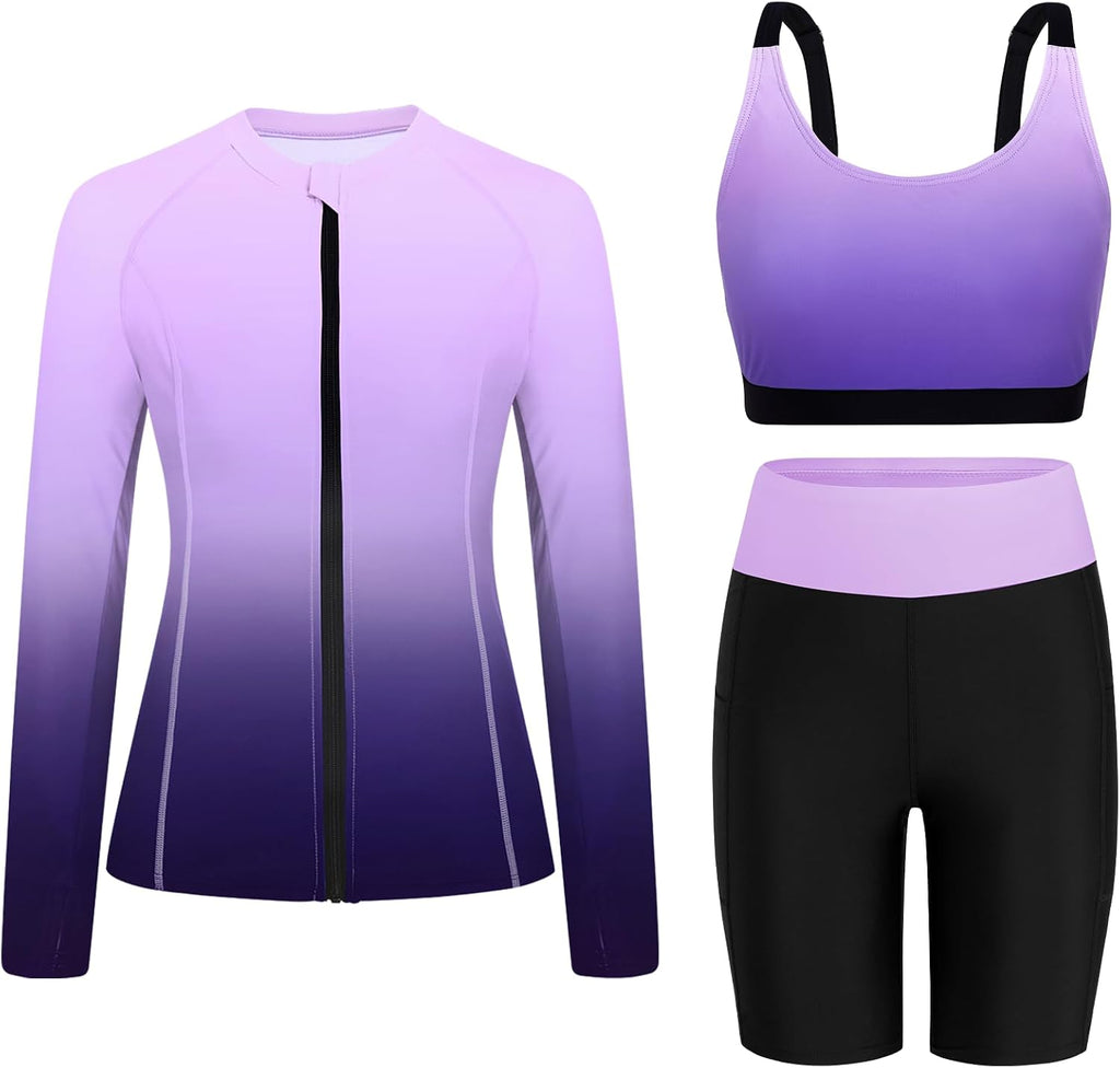 Women's Long Sleeve Rash Guard Set - Swim Shirt with Matching Shorts and Two Pockets for Beach and Pool - Black Flowers