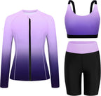 Women's Long Sleeve Rash Guard Set - Swim Shirt with Matching Shorts and Two Pockets for Beach and Pool - Black Flowers