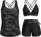Women's 3 Piece Tankini Swimsuit - Tummy Control Top, High-Waist Boy Shorts and Built-In Brief for Swim Days - Medium