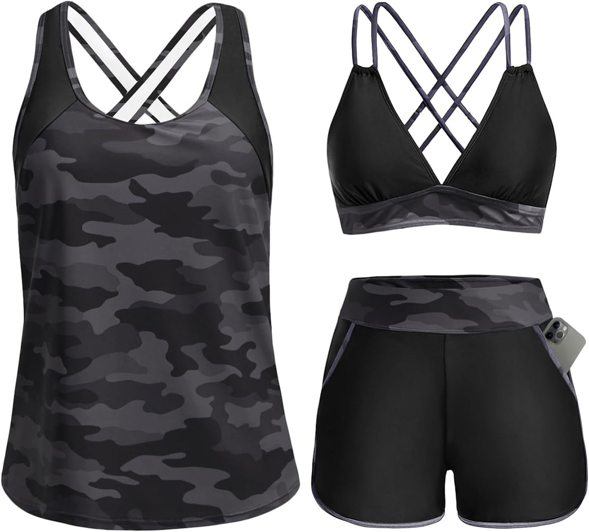 Women's 3 Piece Tankini Swimsuit - Tummy Control Top, High-Waist Boy Shorts and Built-In Brief for Swim Days - Medium