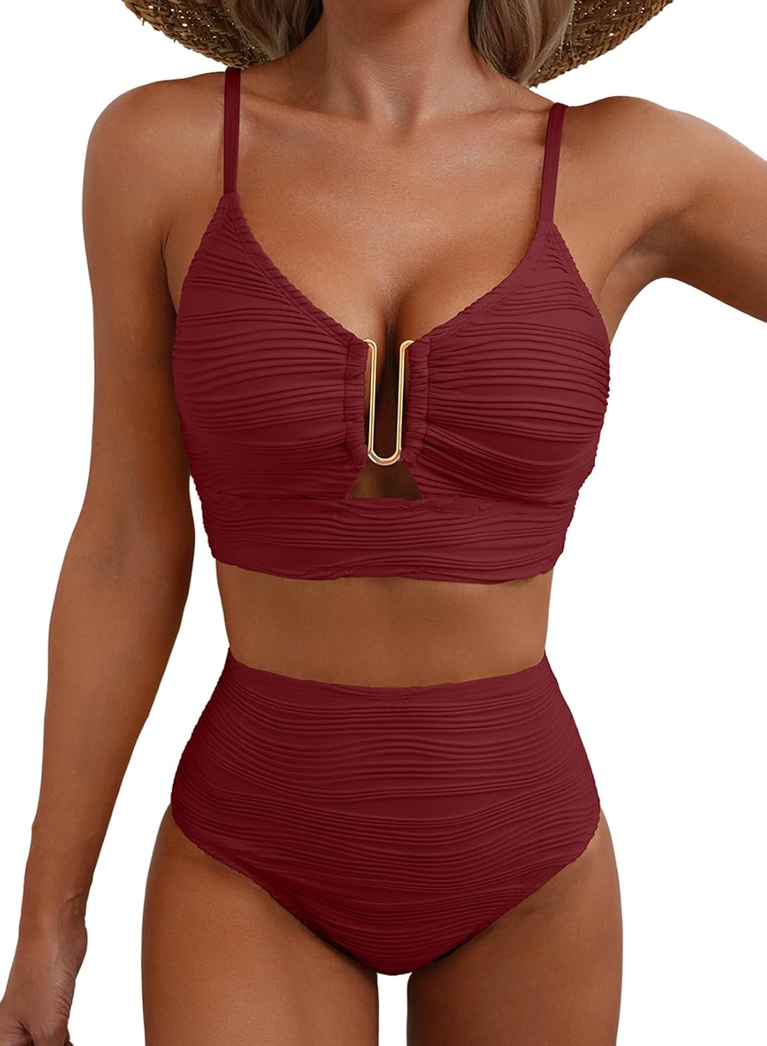 Women's Textured Bikini Set - U Wire Top with Adjustable Straps and High Rise Cutout Bottoms for Pool Days - Small (9)