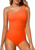 Women's One Shoulder One Piece Swimsuit - Keyhole Front, Ruched Tummy Control and Removable Soft Cups - Color Block (16)