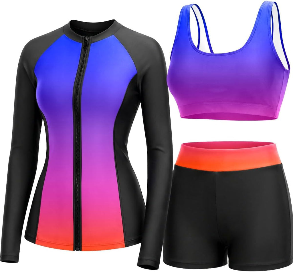 Women's 3 Piece Rash Guard Set - UPF 50+ Long Sleeve Swim Shirt, Built-In Bra Top and Mid Rise Bottoms - Small