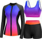 Women's 3 Piece Rash Guard Set - UPF 50+ Long Sleeve Swim Shirt, Built-In Bra Top and Mid Rise Bottoms - Small