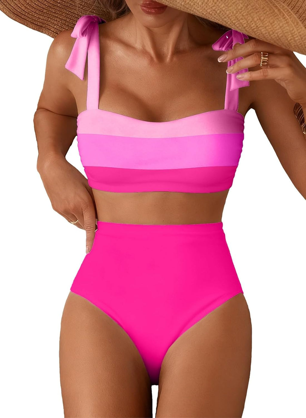 Women's Tie Shoulder Bikini Set - Two Piece with High Waisted Full Coverage Bottoms and Removable Pads - Medium