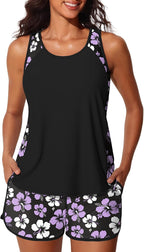 Women's Blouson Tankini Swimsuit - Tummy Control Top with Removable Pads and Swim Shorts with Pockets - Green Shadowa