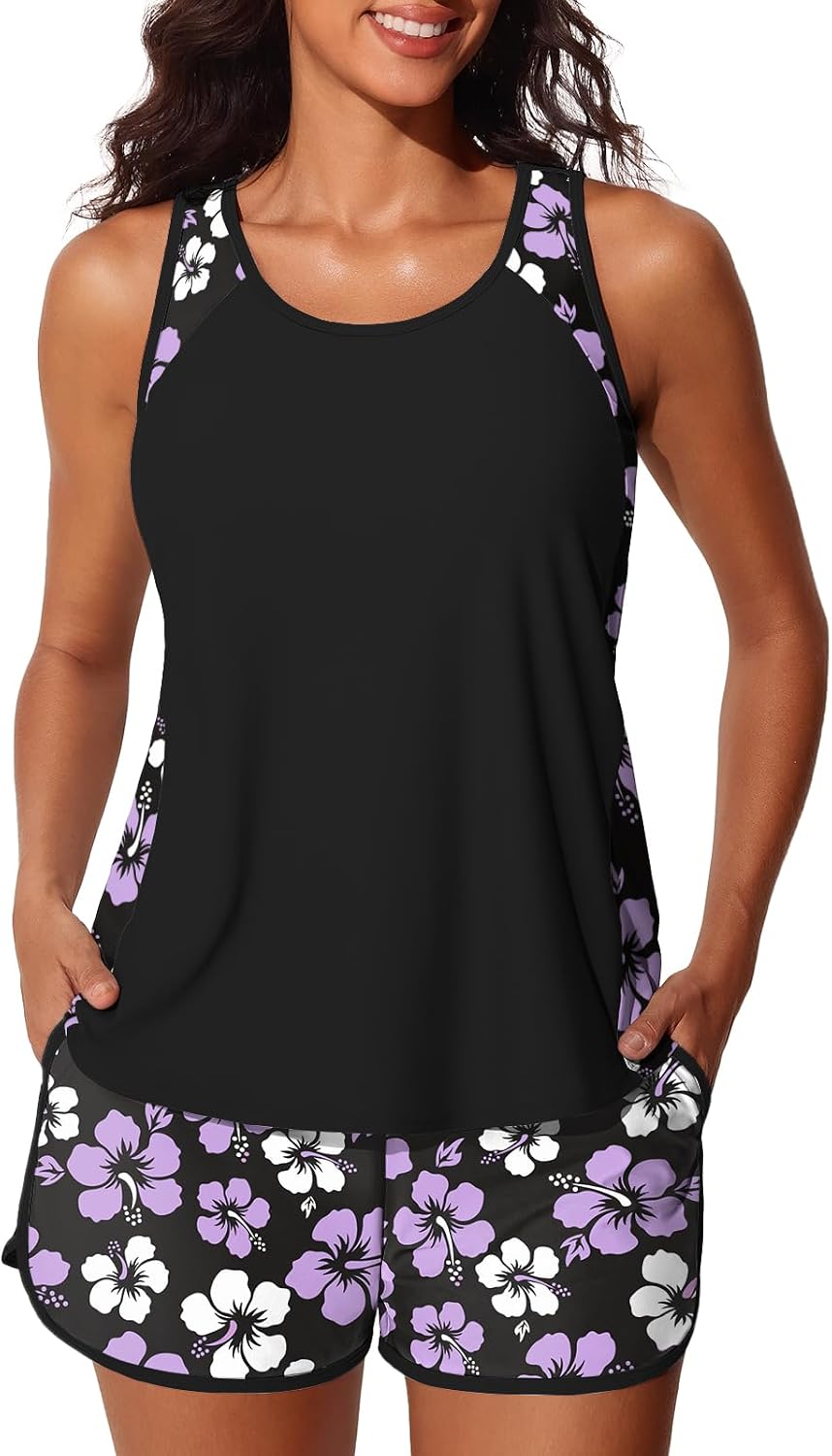Women's Blouson Tankini Swimsuit - Tummy Control Top with Removable Pads and Swim Shorts with Pockets - Green Shadowa