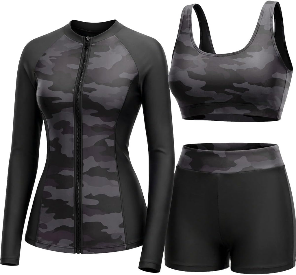 Women's 3 Piece Rash Guard Set - UPF 50+ Long Sleeve Swim Shirt, Built-In Bra Top and Mid Rise Bottoms - Small
