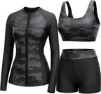 Women's 3 Piece Rash Guard Set - UPF 50+ Long Sleeve Swim Shirt, Built-In Bra Top and Mid Rise Bottoms - Small