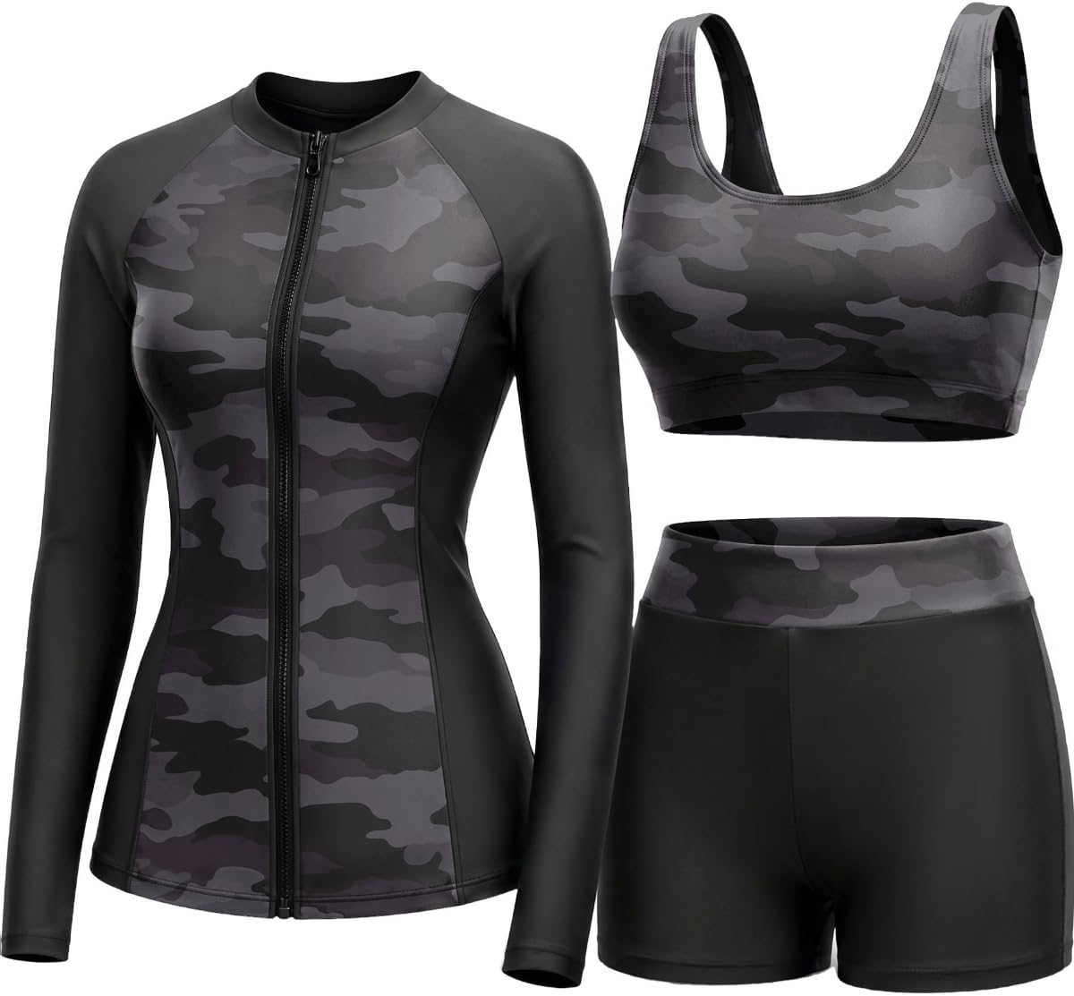 Women's 3 Piece Rash Guard Set - UPF 50+ Long Sleeve Swim Shirt, Built-In Bra Top and Mid Rise Bottoms - Small