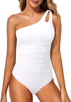 Women's One Shoulder One Piece Swimsuit - Keyhole Front, Ruched Tummy Control and Removable Soft Cups - Royal Blue