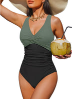 Women's Tummy Control One Piece Swimsuit - V-Neck Twist Front, Removable Pads and Full Coverage for Pool Days - Small