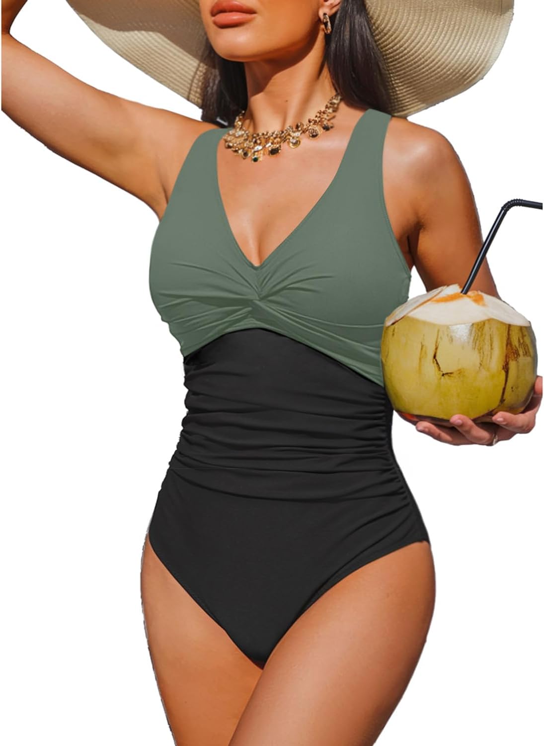 Women's Tummy Control One Piece Swimsuit - V-Neck Twist Front, Removable Pads and Full Coverage for Pool Days - Small