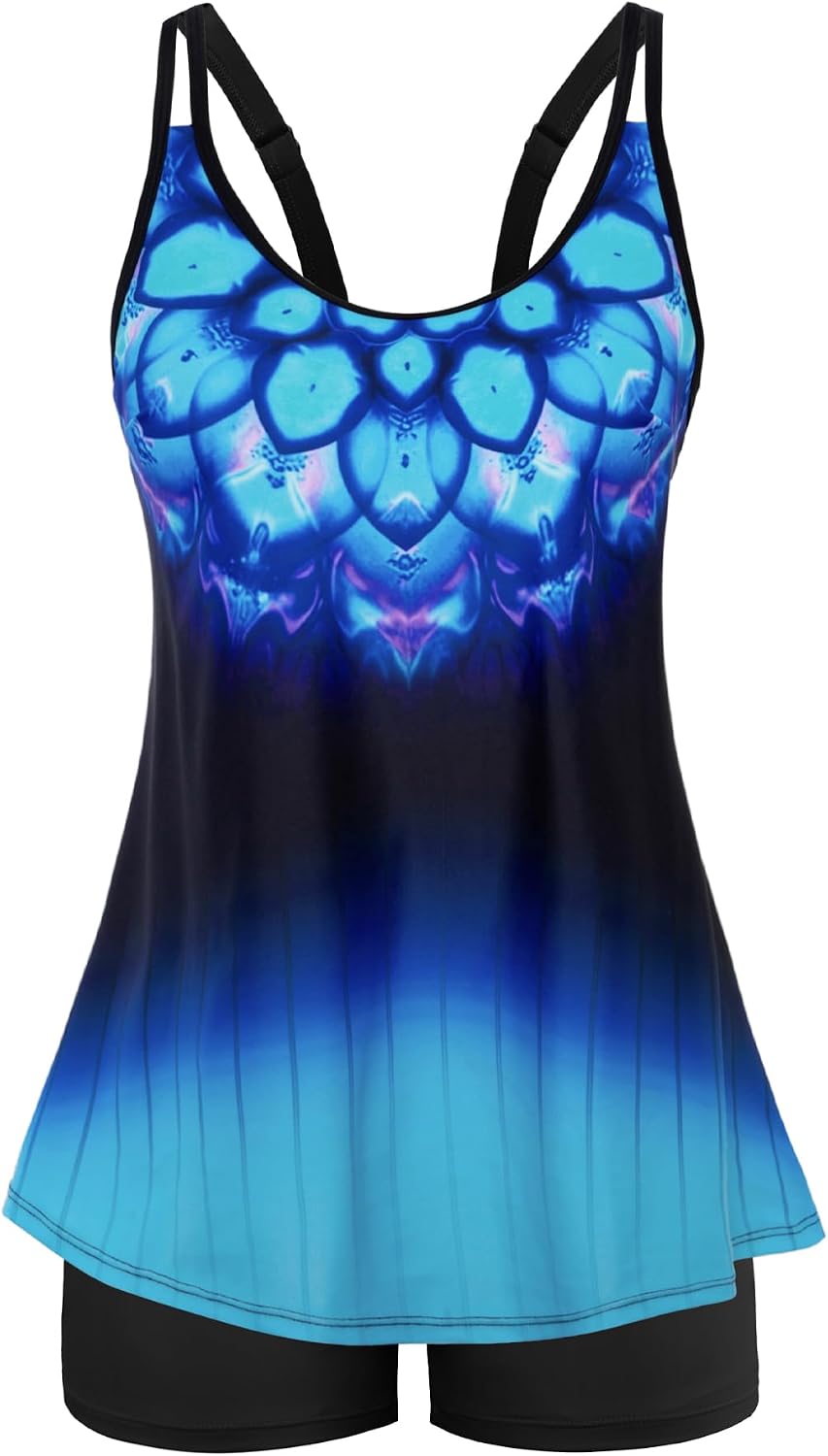 Women's Flowy Tankini Set - Scoop Neck Top with Removable Pads and High Waisted Bottoms for Modest Swims - Medium